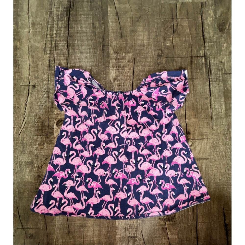 Simply Southern Girls 5T Flamingo Print Top Navy Pink Flutter Sleeve Shirt